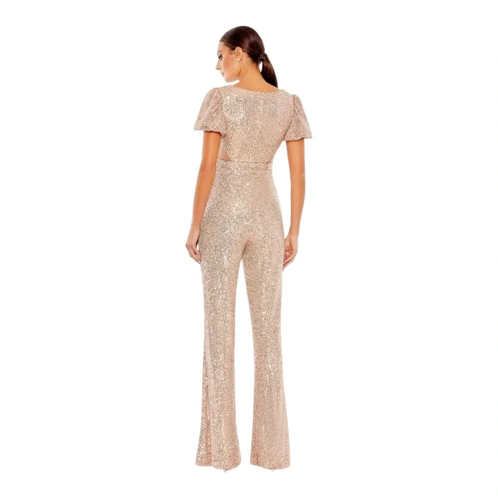 Mac Duggal Gold Sequined Puff Shoulder Illusion Cut Out Jumpsuit NWT Size 8 - Picture 4 of 9